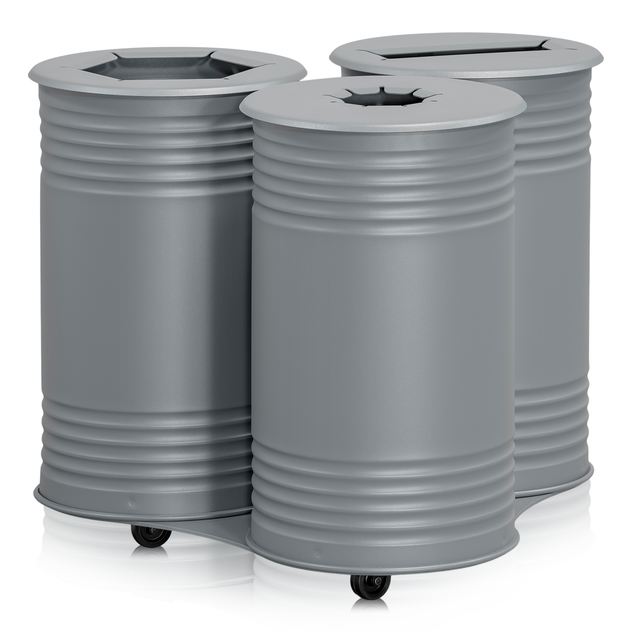 Waste Bin Tin Triple, Wheels, Grey