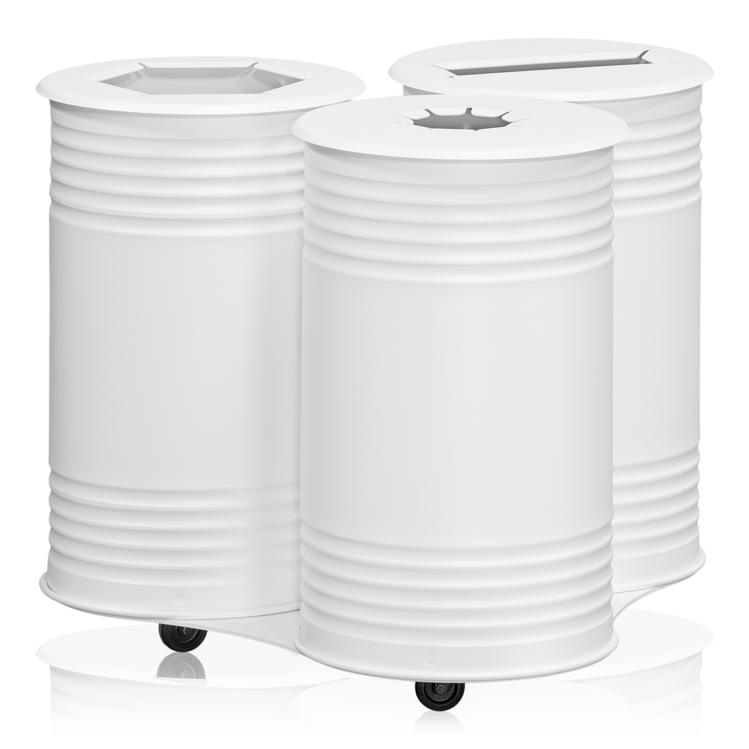 Waste Bin Tin, Triple, Wheels, White