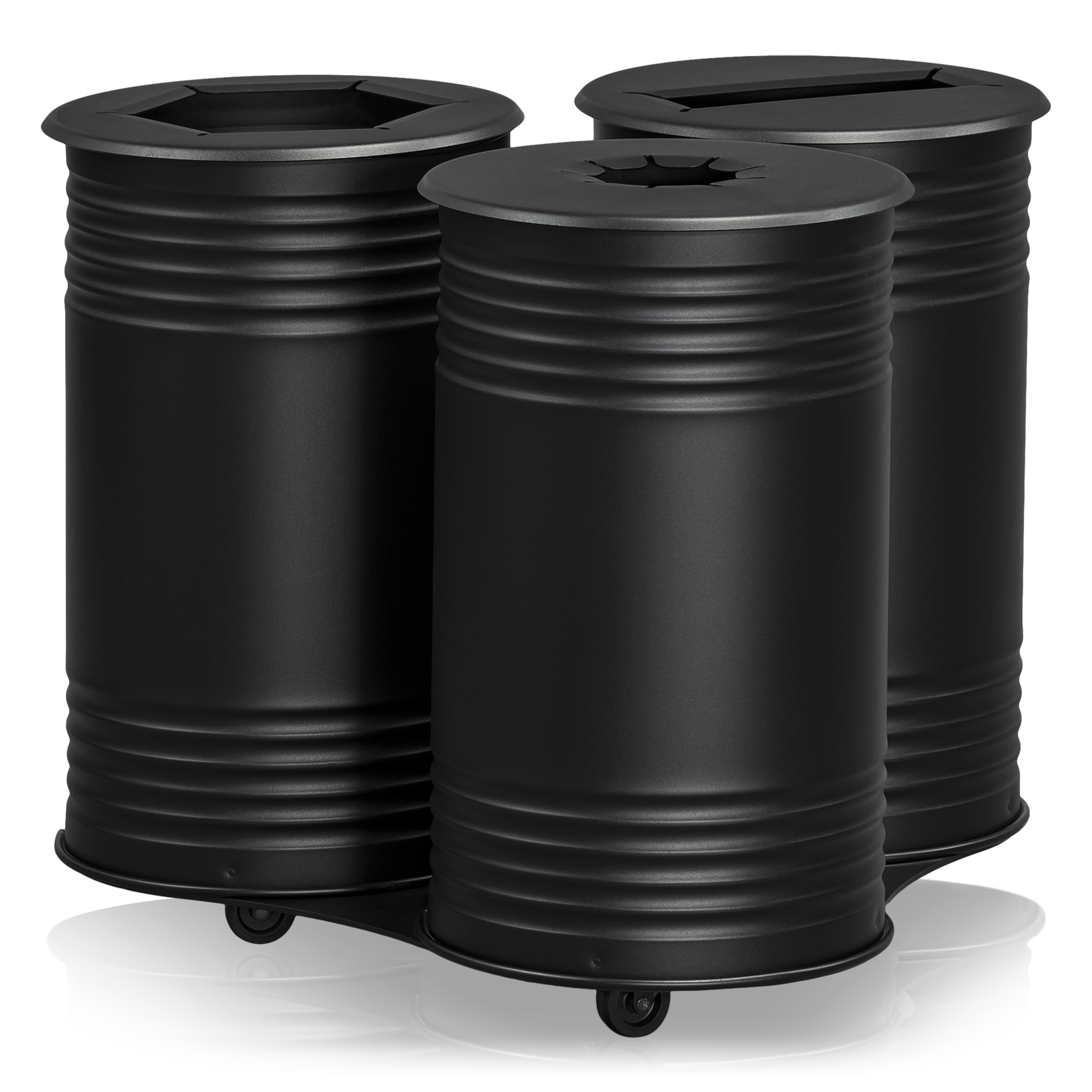 Waste Bin Tin, Triple, Wheels, Black
