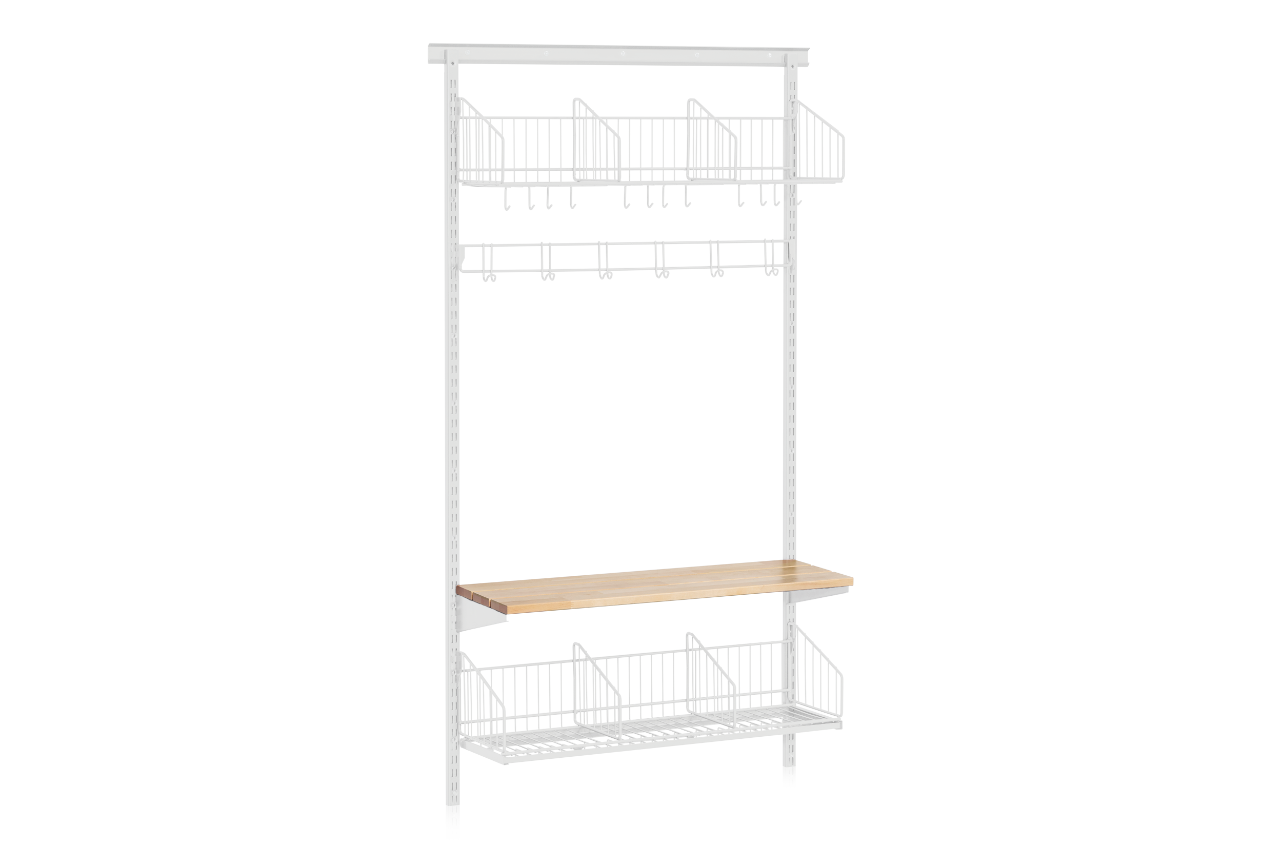 Shoe and Hat Shelf with Bench and Hook Strip Wall Base Section White