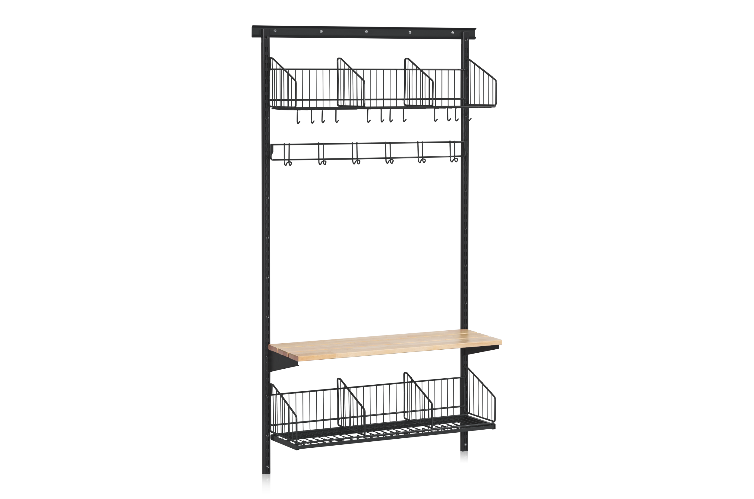 Shoe and Hat Shelf with Bench and Hook Strip Wall Base Section Black