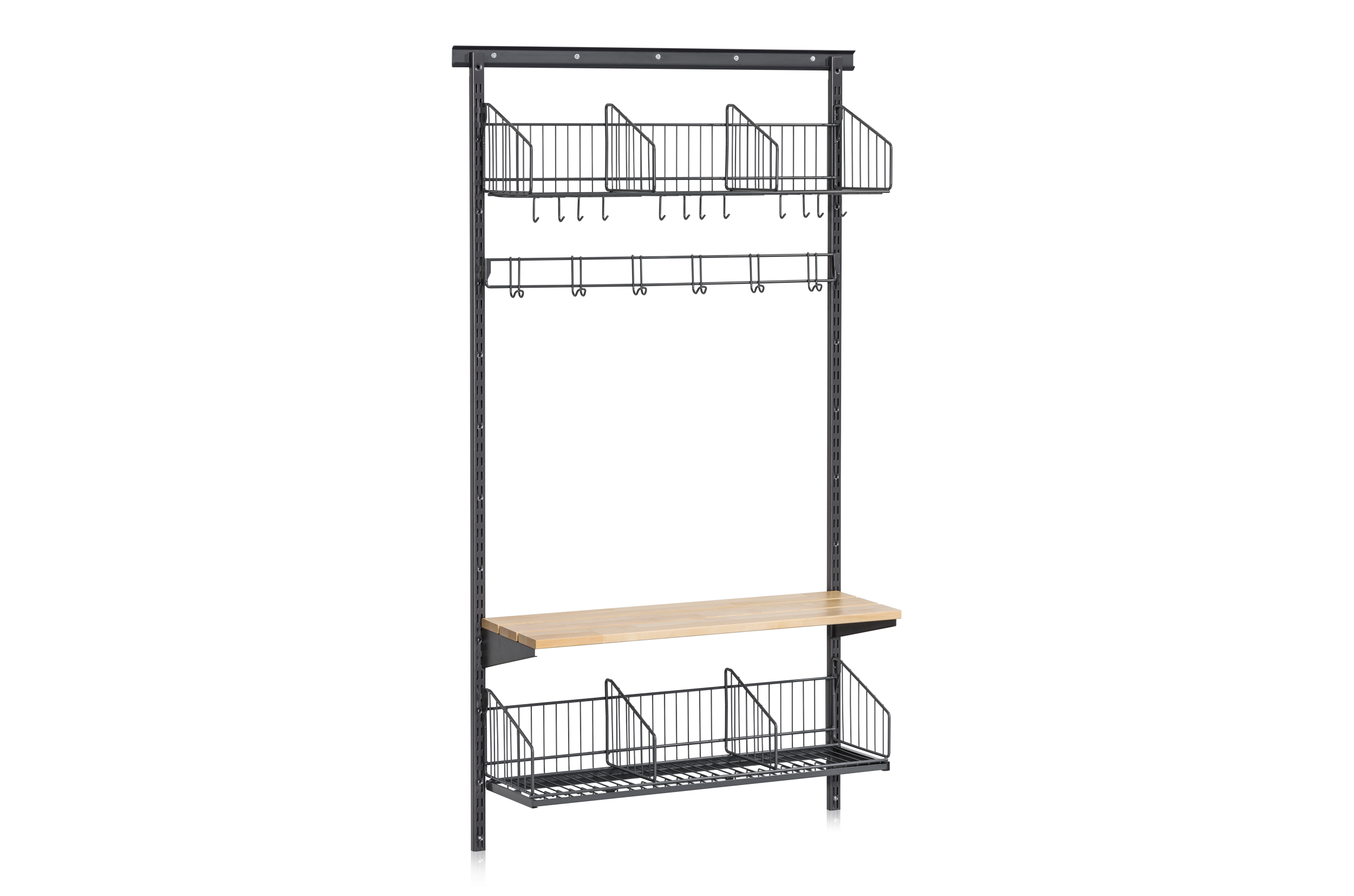 Shoe and Hat Shelf with Bench and Hook Strip Wall Base Section Grey